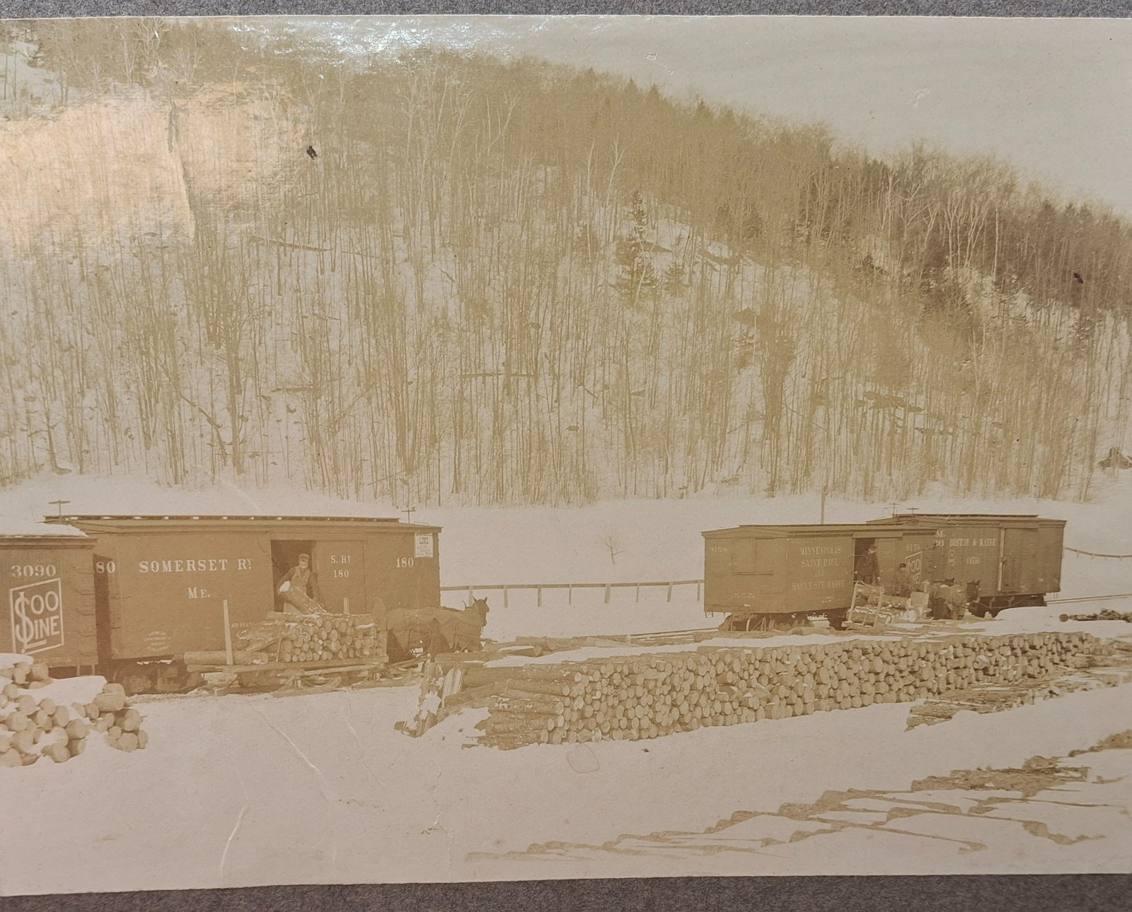 Somerset Maine RR Railroad Train Cars Winter Logging Photo Circa 1880 9.5 x 7 Somerset Maine RR Railroad Train Cars Winter Logging Photo Circa 1880 9.5 x 7