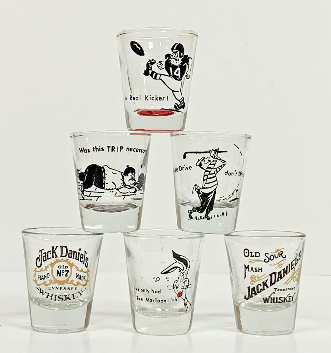 Vintage 1960's Shot Glass Lot MCM Sports Golf Bowling Football Toon Jack Daniels Vintage 1960's Shot Glass Lot MCM Sports Golf Bowling Football Toon Jack Daniels