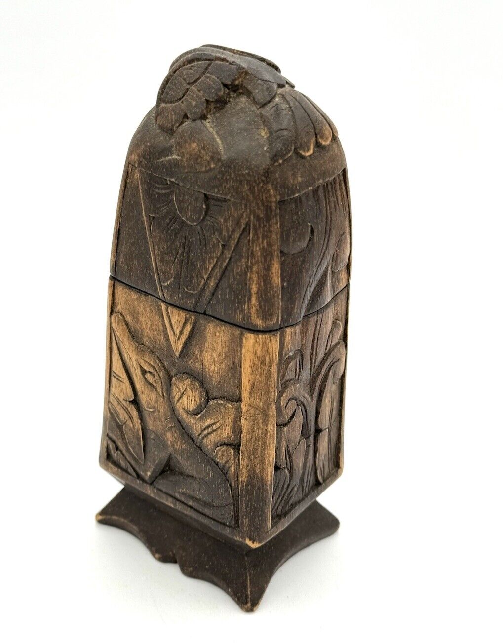 Wooden Carved Stash Box Animals Woman Floral Elephant Birds Handmade Rare 8”
