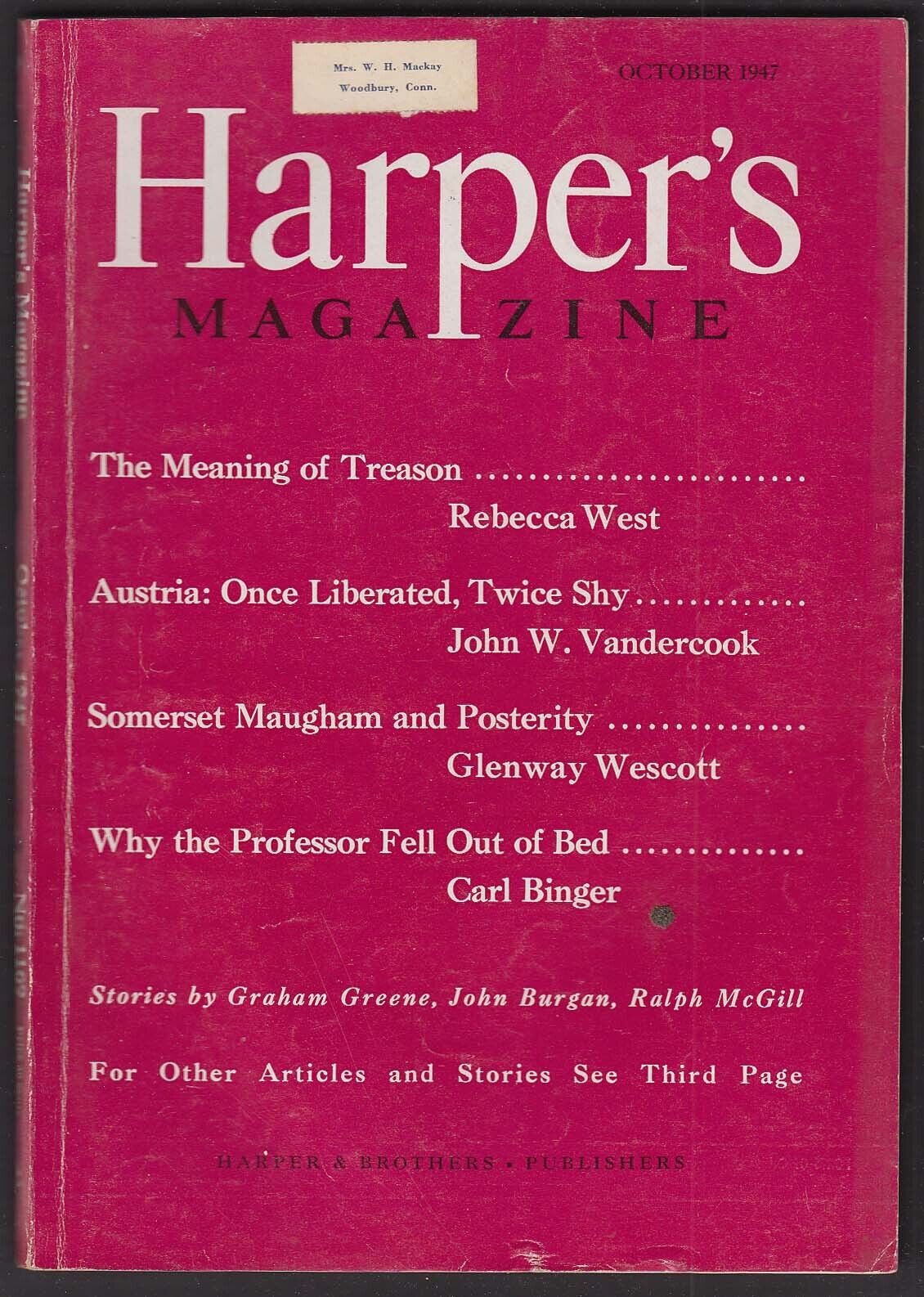 HARPER'S Rebecca West John W Vandercook Somerset Maugham + 10 1947