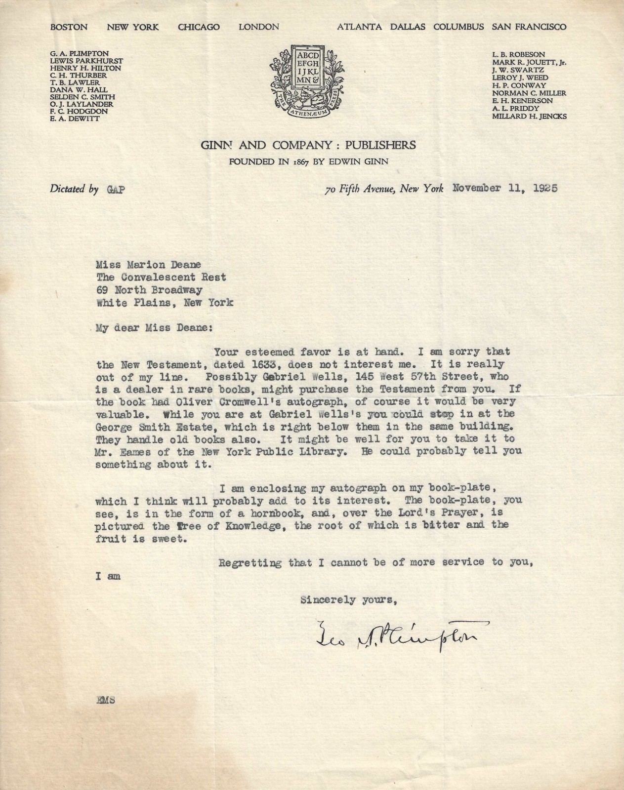 GEORGE ARTHUR PLIMPTON 1925 HAND SIGNED LETTER - GINN AND COMPANY PUBLISHERS
