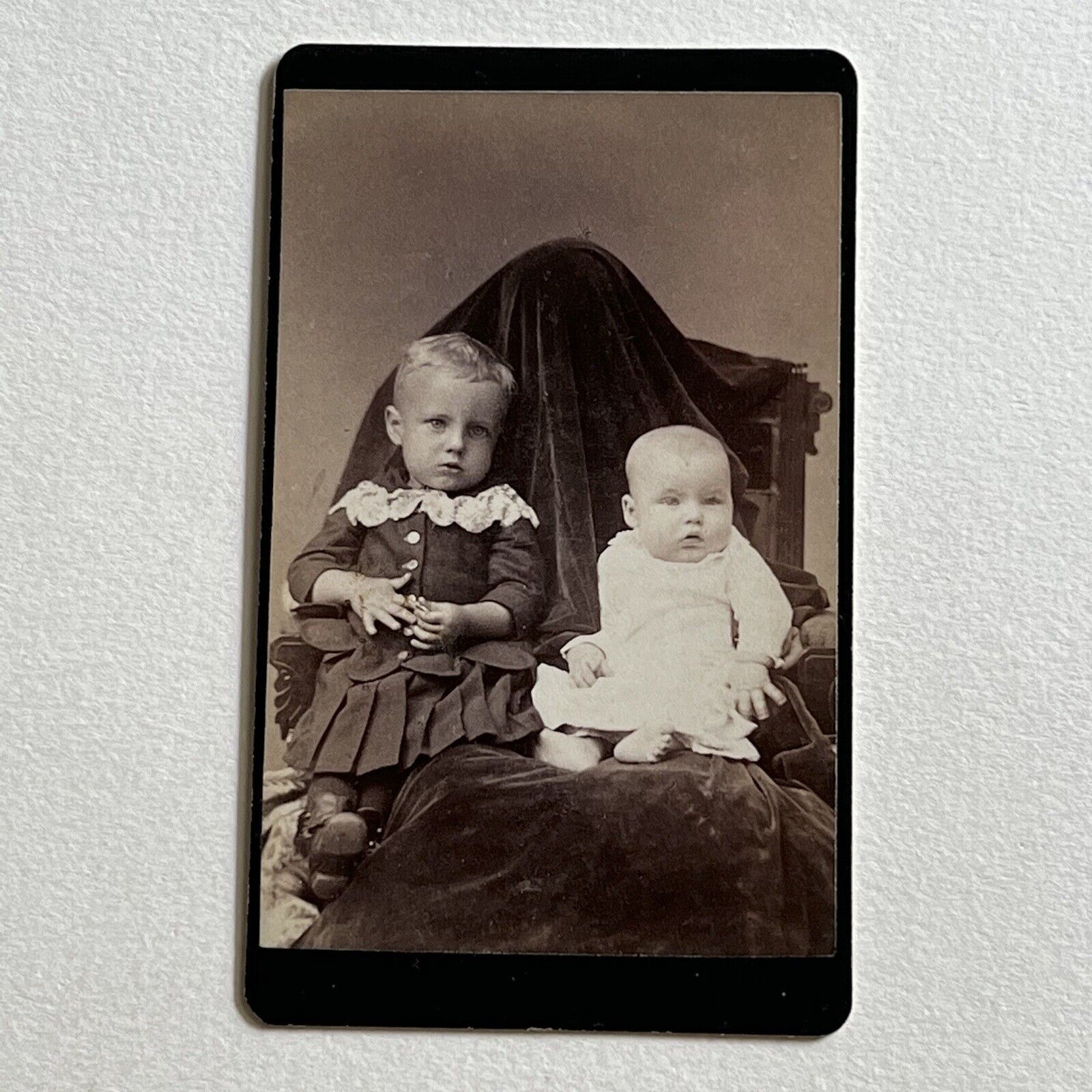 Antique CDV Photograph Little Boy & Baby Spooky Hidden Mother Pecatonica IL