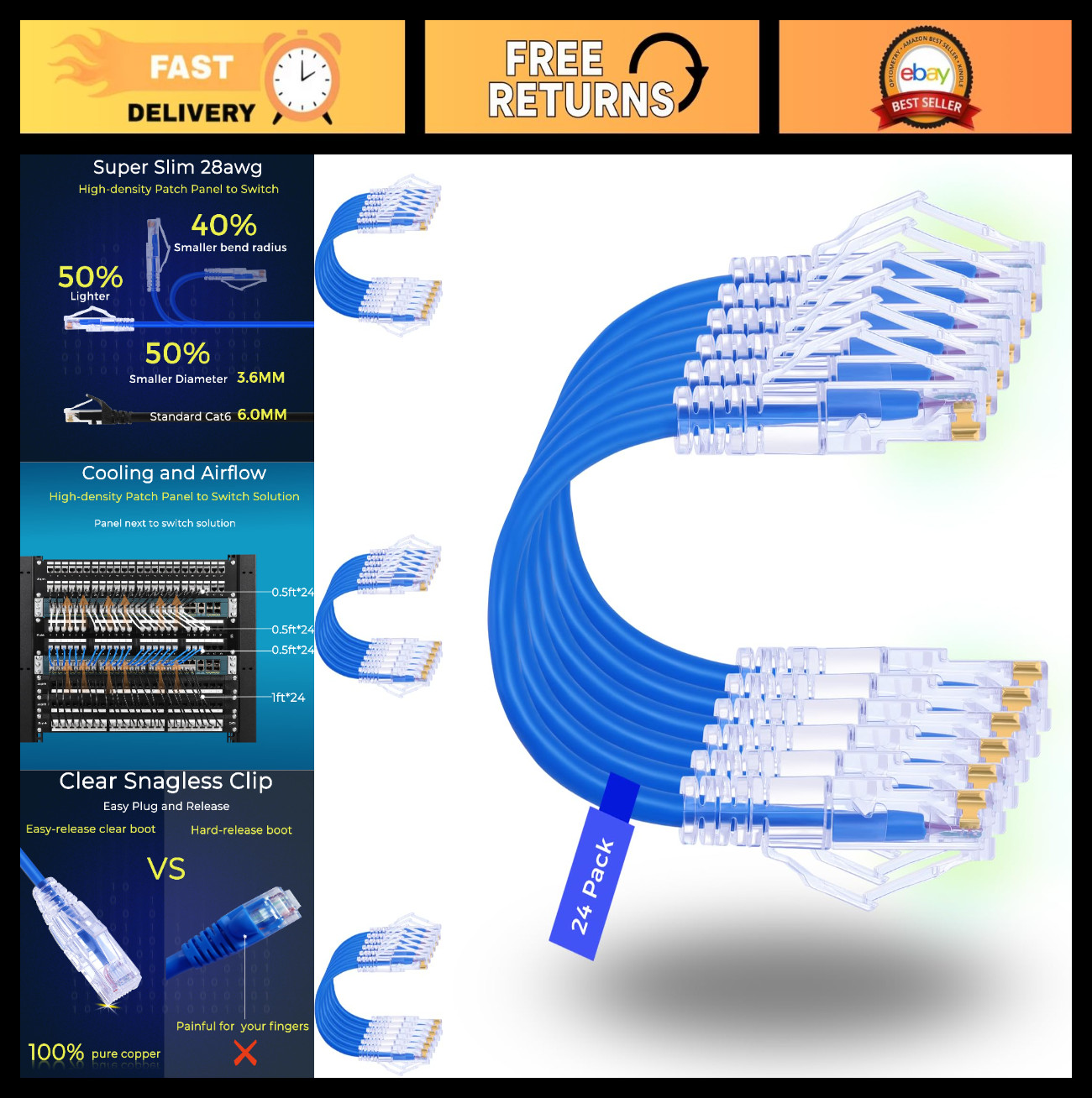 Rapink Patch Cables Cat6/ Cat6a 1ft (24 Pack) Slim, Cat6a Ethernet Patch Cable 1 Rapink Patch Cables Cat6/ Cat6a 1ft (24 Pack) Slim, Cat6a Ethernet Patch Cable 1