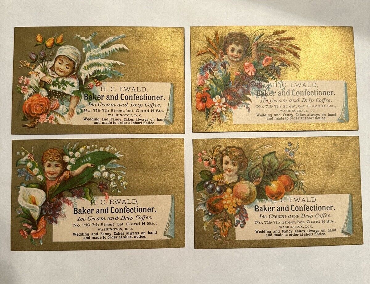 4 VICTORIAN TRADE CARDS H.C. EWALD BAKER CONFECTIONER  WASHINGTON D.C. W/FLOWERS