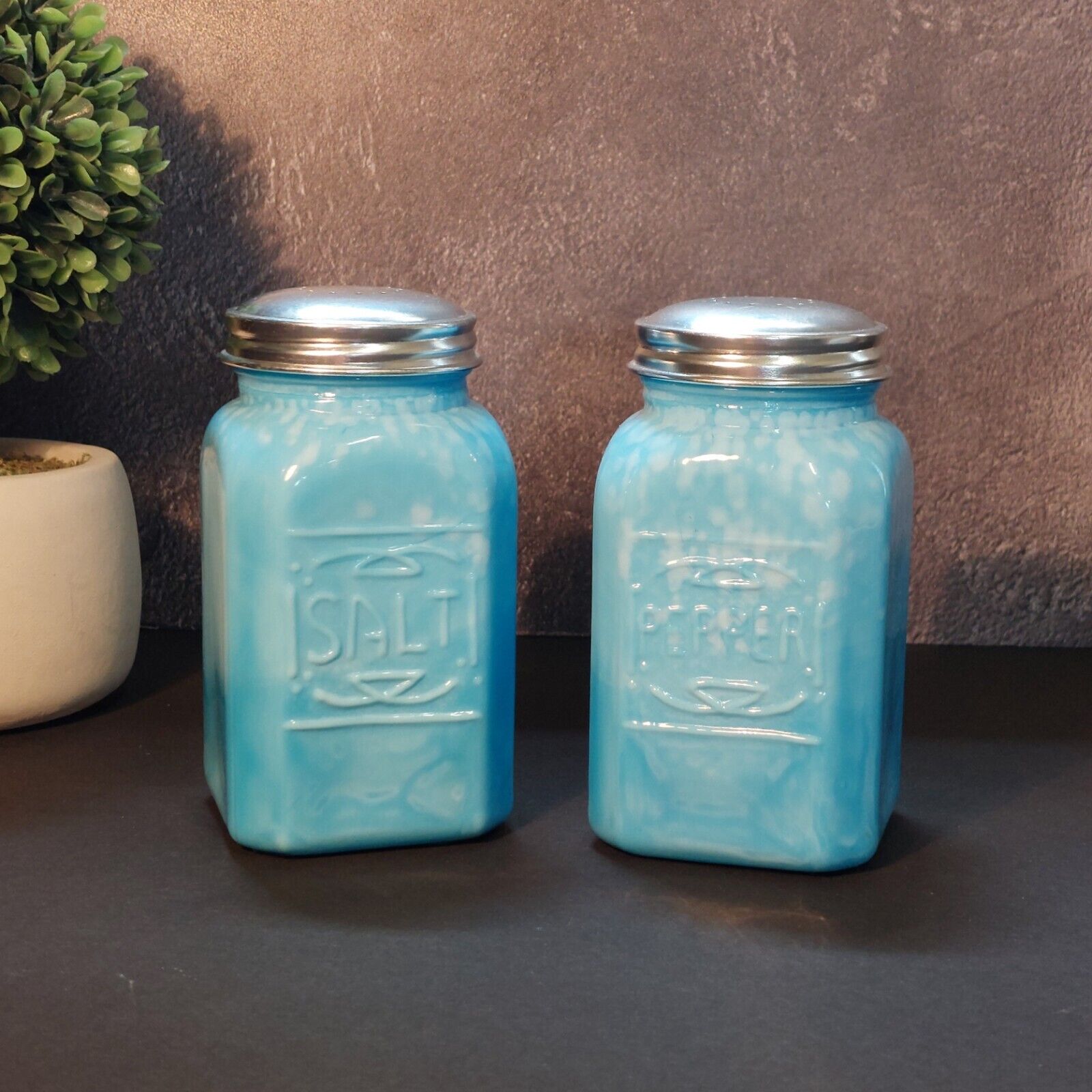 Vintage Blue Milk Glass Depression Style Salt & Pepper Shakers, Retro Kitchen