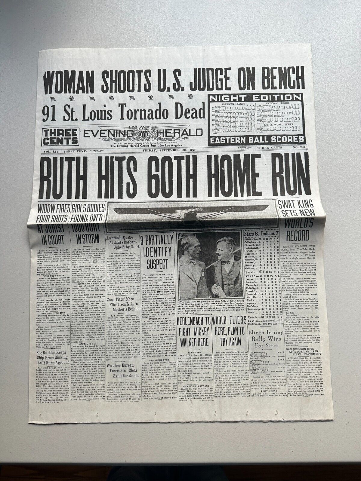 September 30 1927 Babe Ruth 60th Home Run Los Angeles 1920's Vintage Newspaper