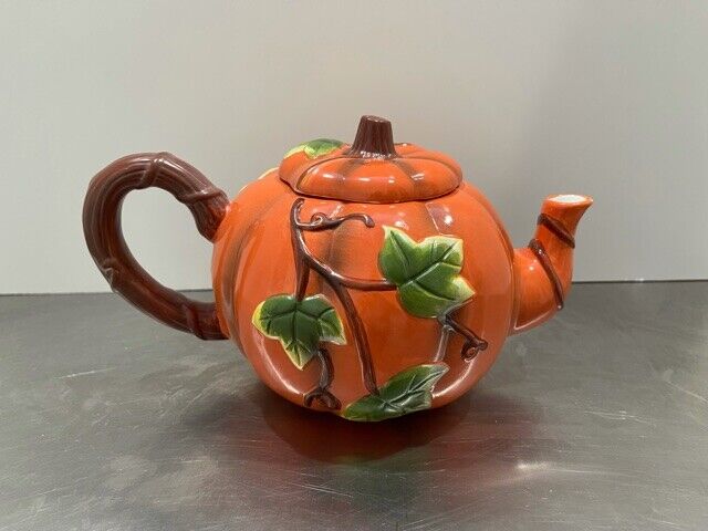 Vintage Rich Talent Hand Painted Majolica style Pumpkin Teapot
