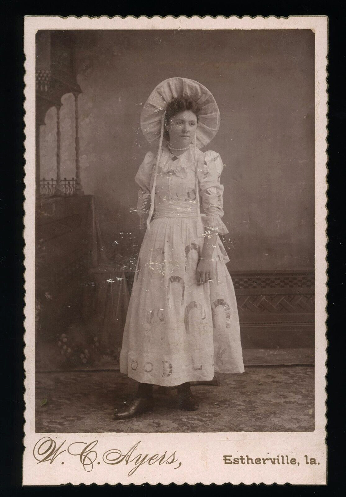 GIRL WEARING GOOD LUCK DRESS WITH HORSESHOES 1890s IOWA ANTIQUE PHOTO VICTORIAN