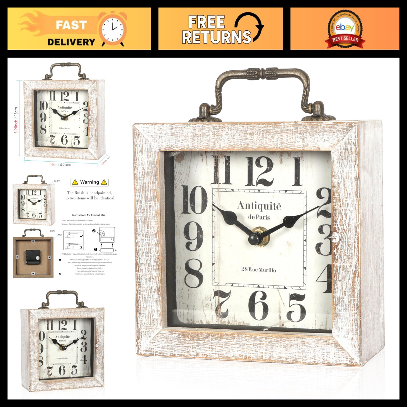 Vintage Wooden Desk Clock - Retro White Table Clock for Home Decor & Office
