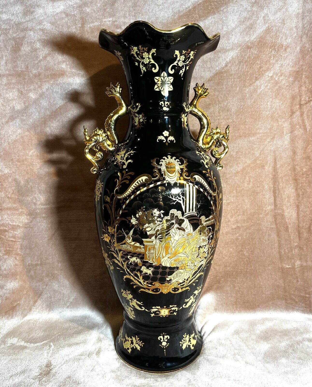 Vintage Chinese Cobalt Black/Gold Painted Floor Vase