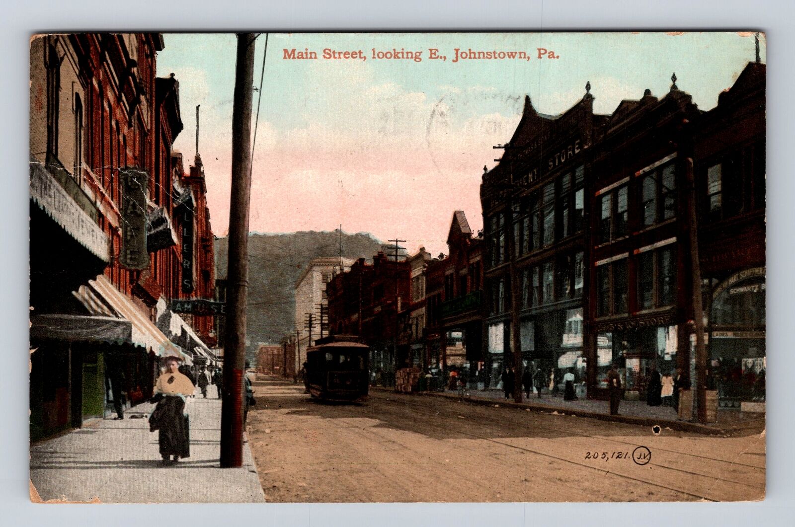 Johnstown PA-Pennsylvania, Main Street, Lady, Trolley, Vintage c1910 Postcard