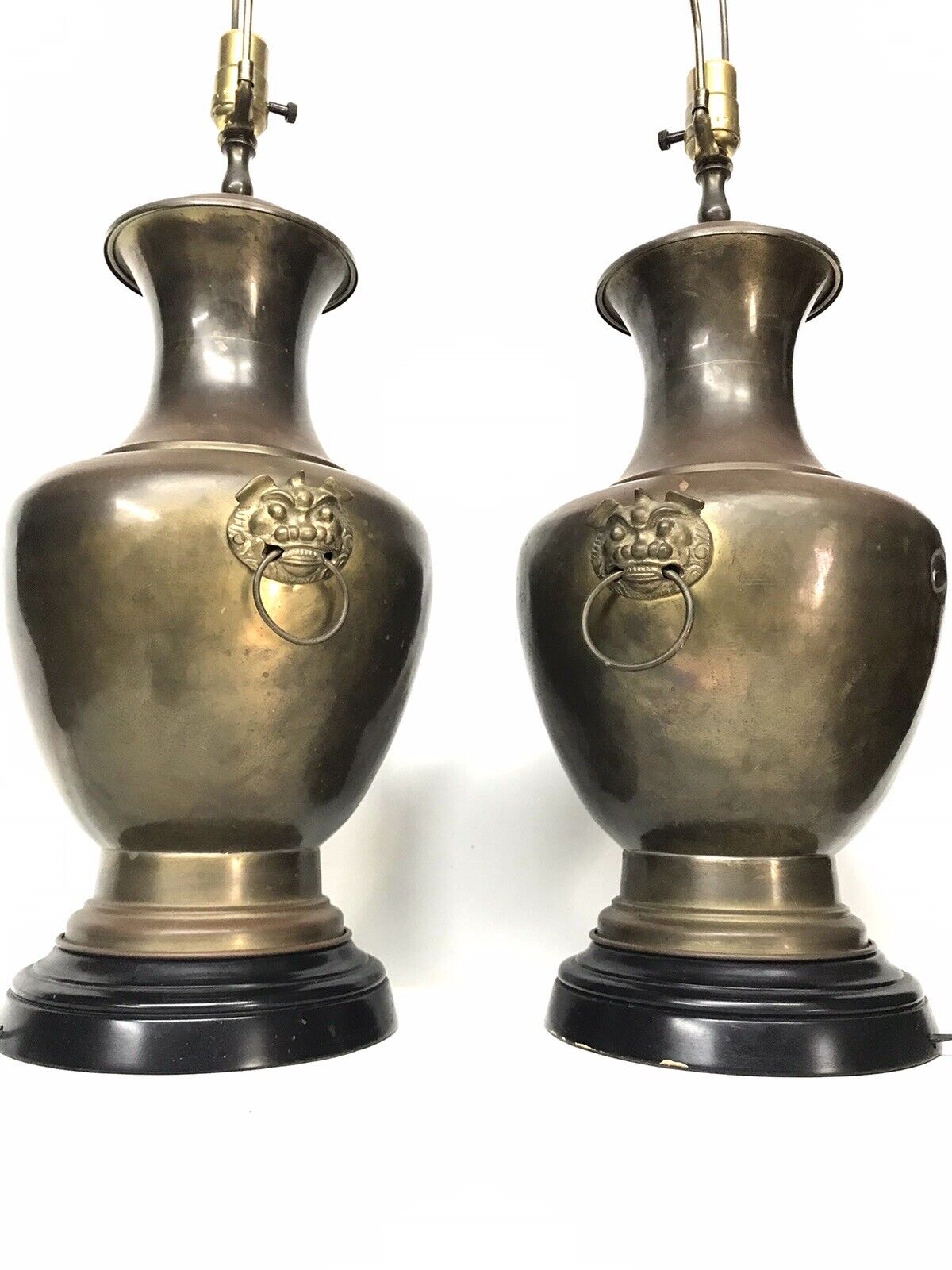 2 ANCIENT CHINA LAMPS Foo Dog GINGER JAR Lion Rings Brass Pair Vintage WILDWOOD