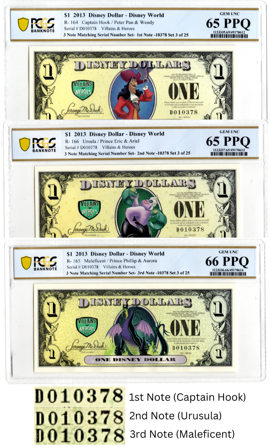 2013 $1 Disney Dollar 3X MATCHING SET OF 3 NOTES (D010378) PCGS GRADED 65/66PPQ