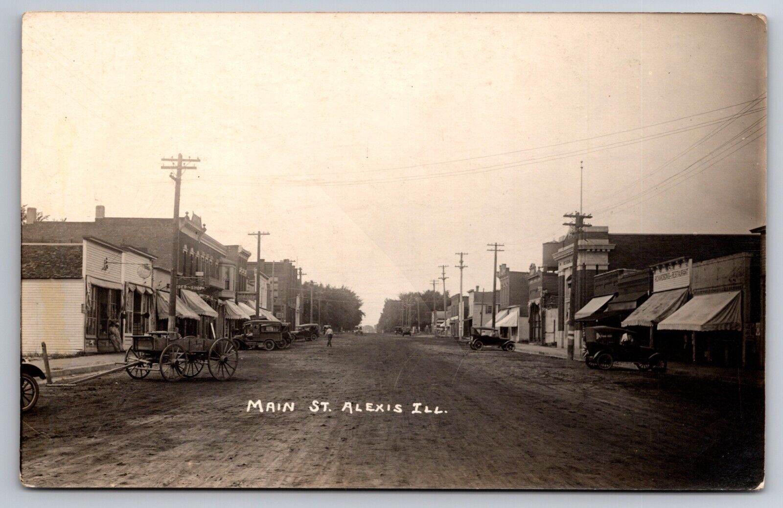 Main Street Alexis Illinois Barber Shop Drug Store c1910 Real Photo RPPC