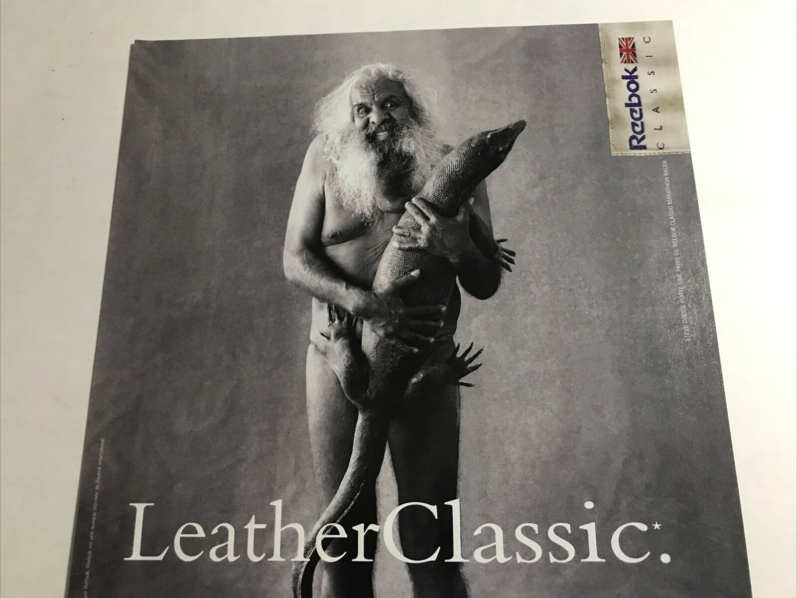 2001 REEBOK Leather Classic French Print Ad 22x30 Bizarre Nude Man w/Lizard FHM