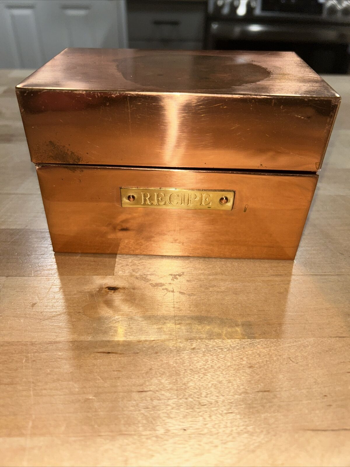 Copper Recipe Box Tin Brass Tag Farmhouse Cottage  Recipe Holder