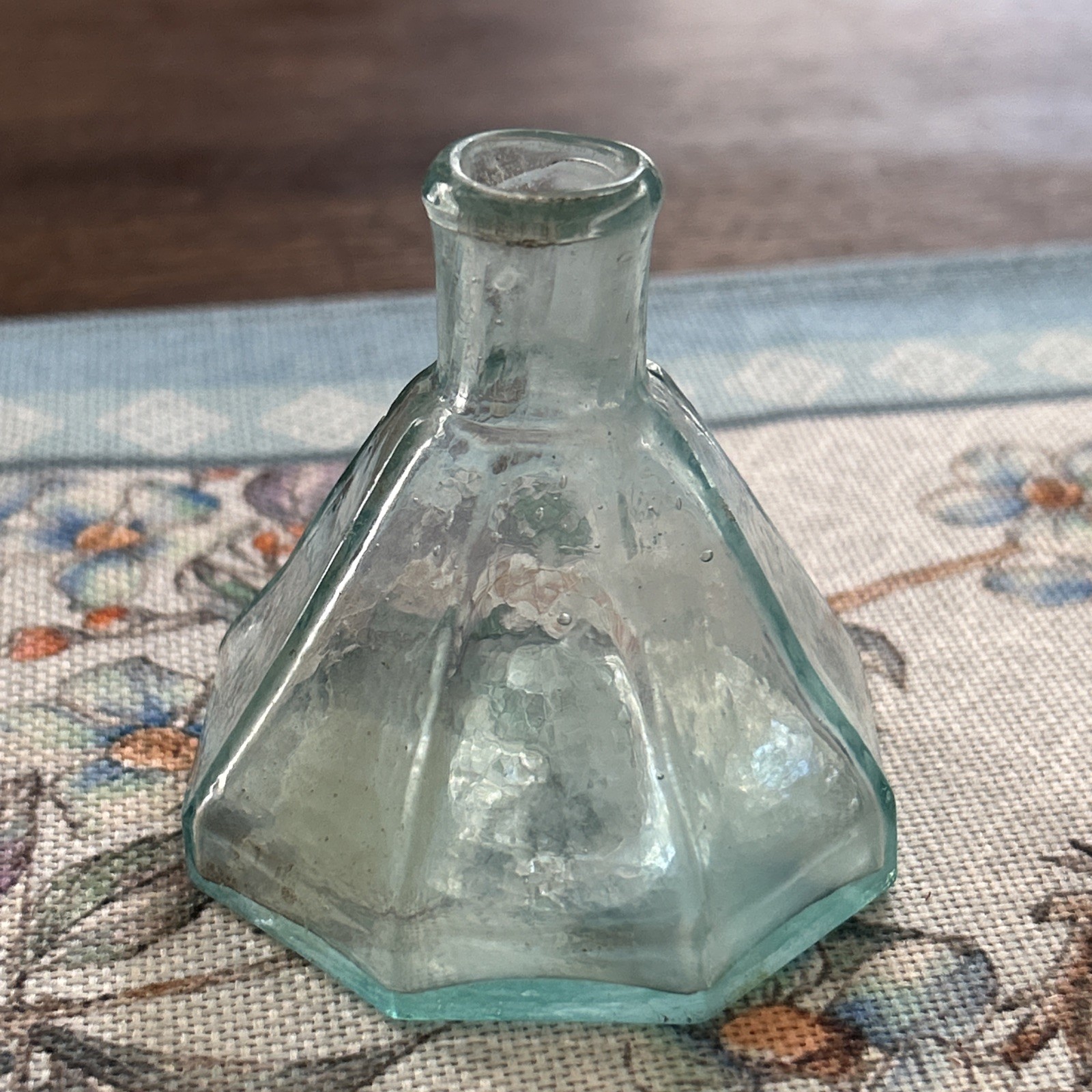Antique Aqua Glass Umbrella Ink Bottle - Octagonal