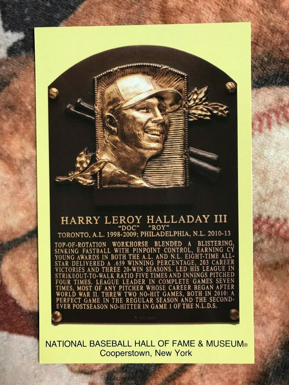 Roy Halladay Postcard- Baseball Hall of Fame Induction Plaque - Photo