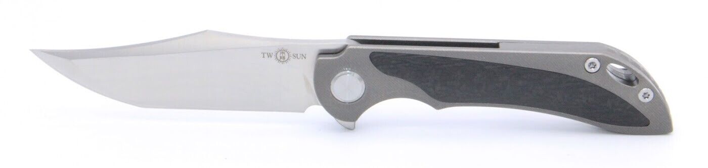 Two Sun Folding Knife Black Titanium CF Handle M390 Plain Edge TS224-M390