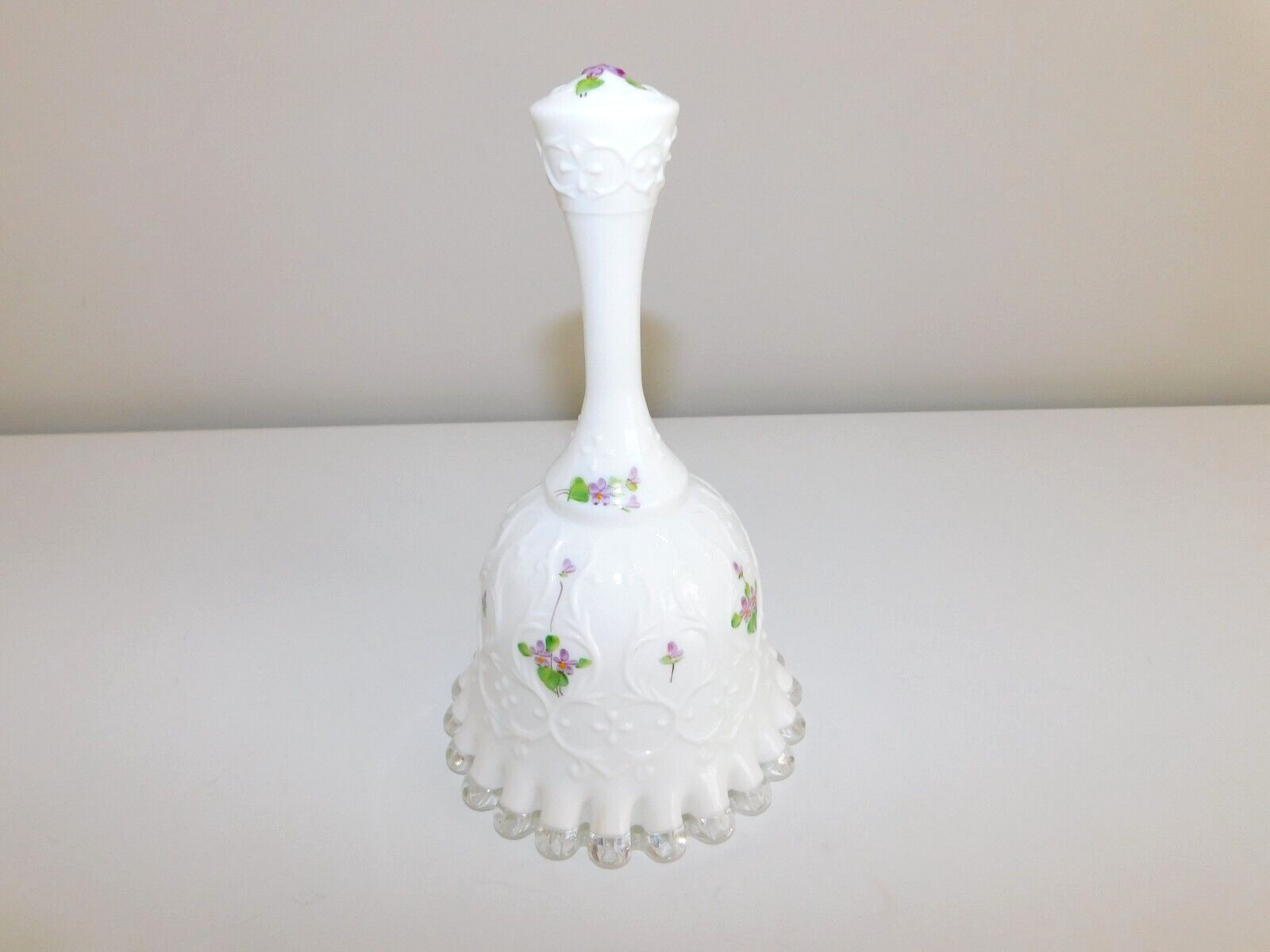 Fenton Bell Vintage White Milk Glass Handpainted, Violets in Snow, signed
