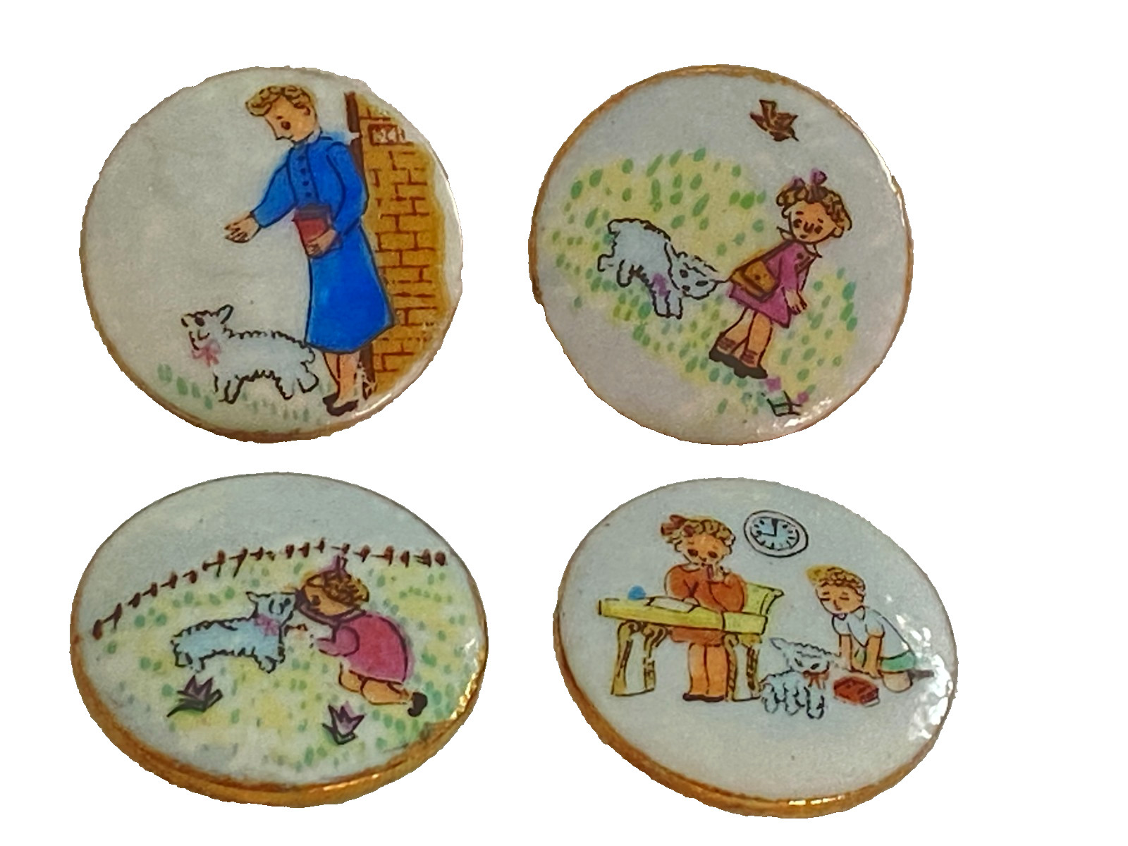 Vintage Nursery Rhyme MARY HAD A LITTLE LAMB Porcelain Button Set of 4 Buttons