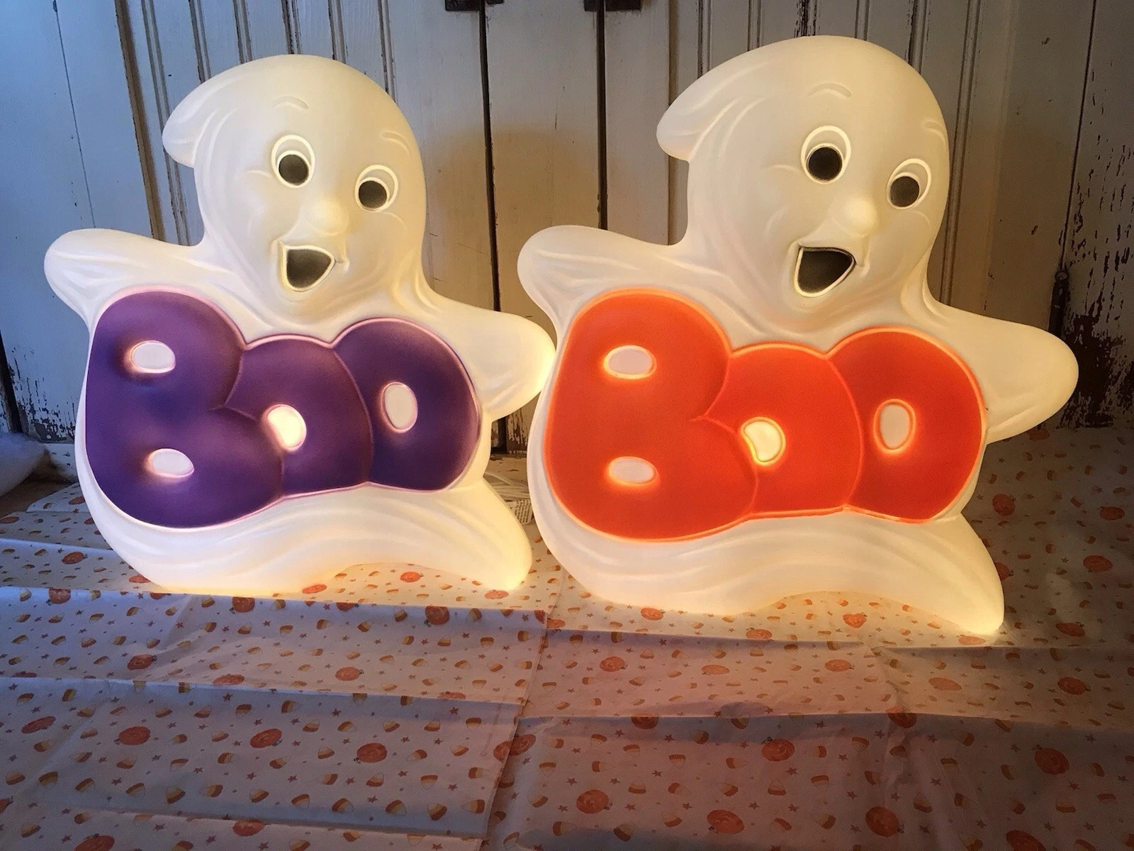 Blow Mold Halloween Boo Ghosts Light Up Grand Venture PAIR Purple And Orange Blow Mold Halloween Boo Ghosts Light Up Grand Venture PAIR Purple And Orange