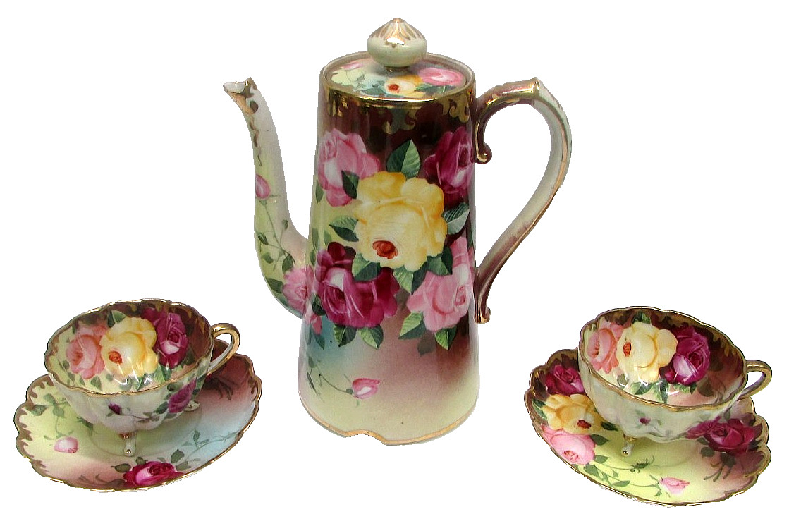 Antique Royal Nippon KINRAN Teapot Set 2 Footed Teacups Saucers Tri Color Roses