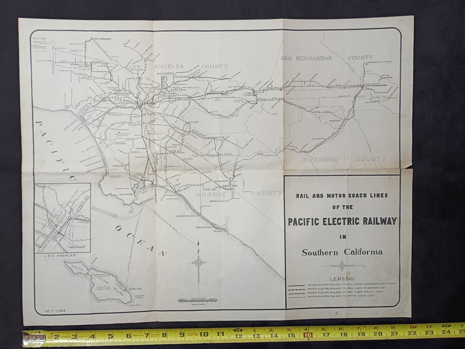 ORIGINAL OCTOBER 1944 PACIFIC ELECTRIC RAILWAY SO CAL MAP WARTIME 22