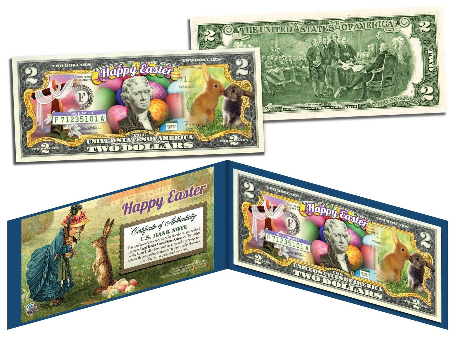 HAPPY EASTER * Easter Eggs & Easter Bunny  * Colorized $2 Bill U.S. Legal Tender