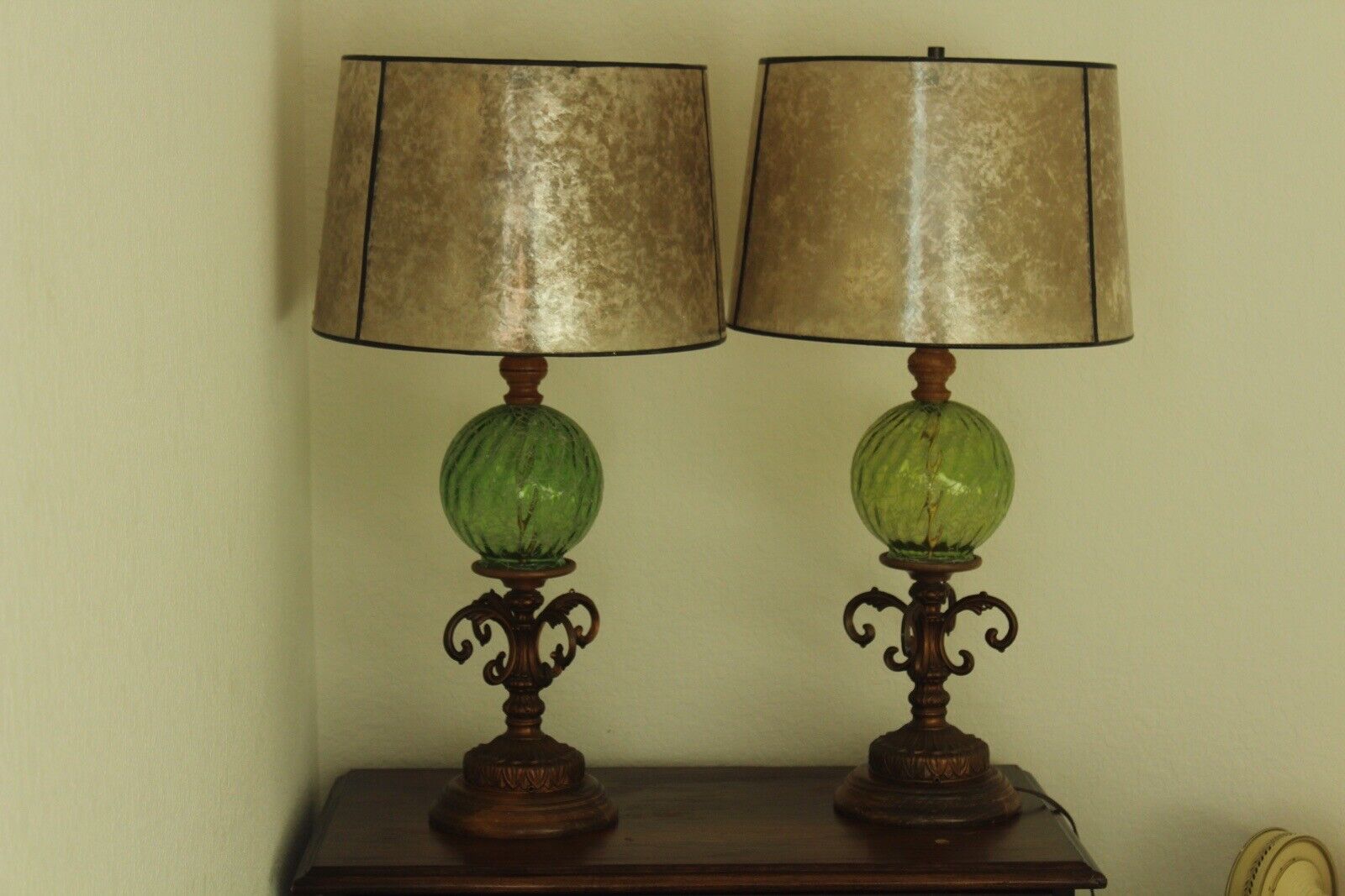 A Pair Mid Century Underwriter Laboratory Table Lamp withe Green Glass Globe