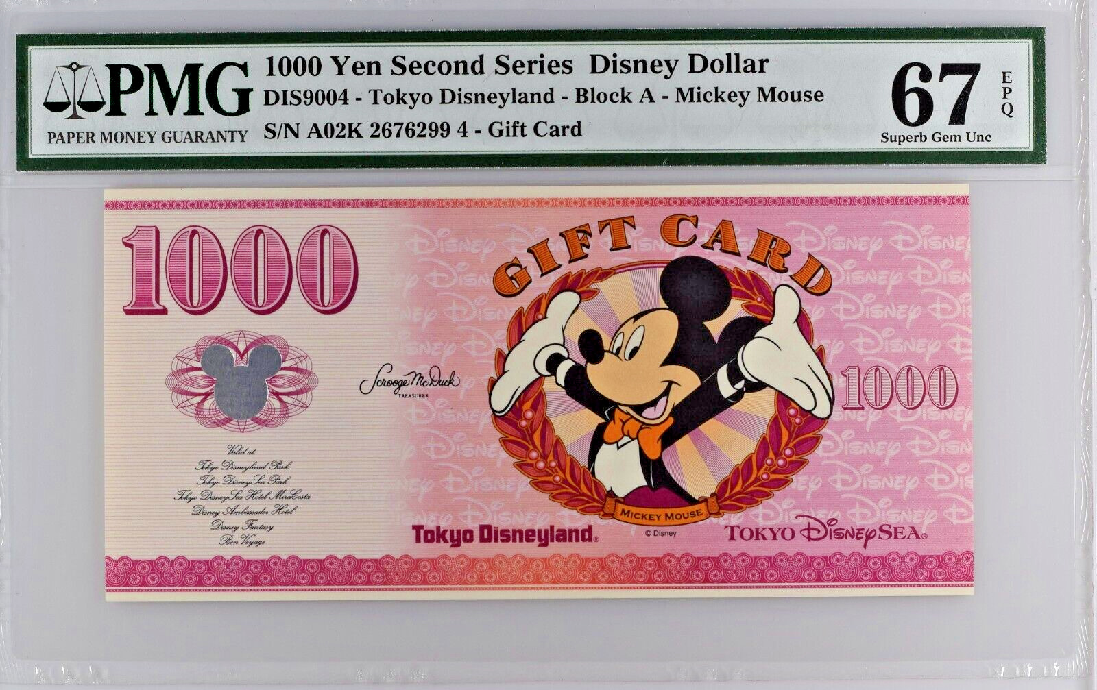 1000 Yen Second Series Disney Dollar Mickey Mouse Tokyo Block A PMG 67