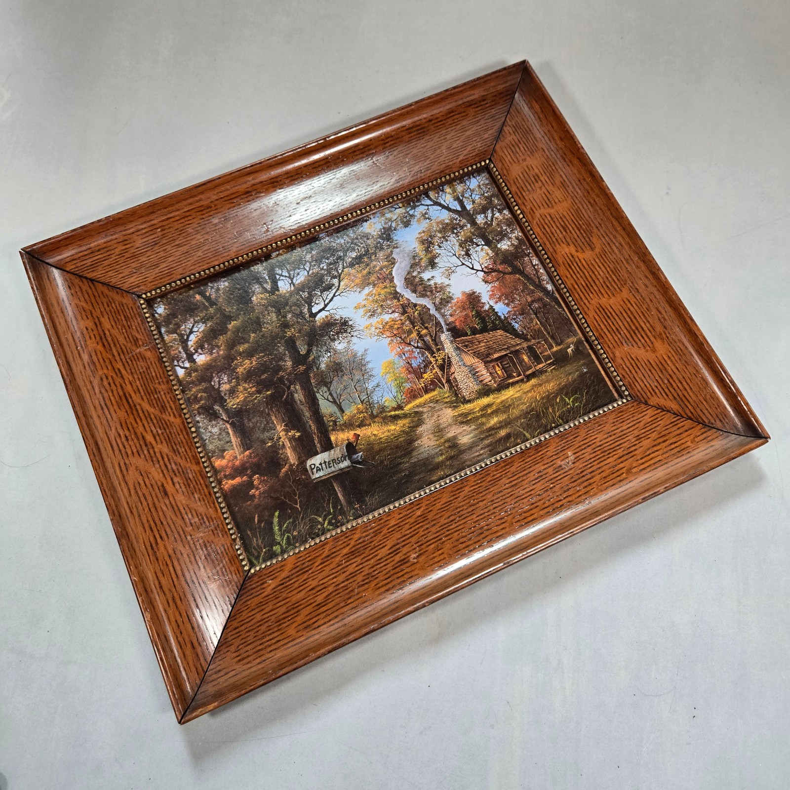 Antique Quartersawn Oak Picture Frame Gilded Bead Trim Autumn Cabin Print 15x12 Antique Quartersawn Oak Picture Frame Gilded Bead Trim Autumn Cabin Print 15x12