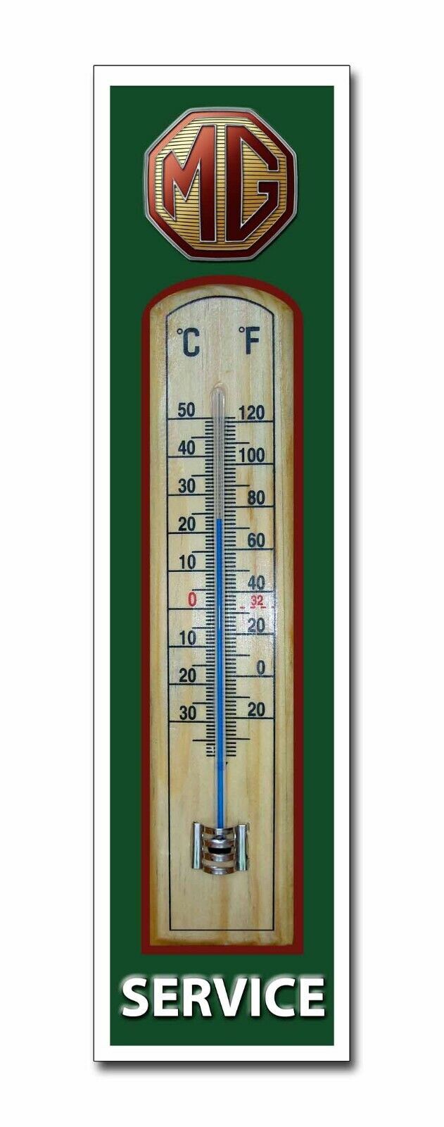 MG SERVICE METAL AND WOOD THERMOMETER.CLASSIC BRITISH MG CARS.GARAGE THERMOMETER