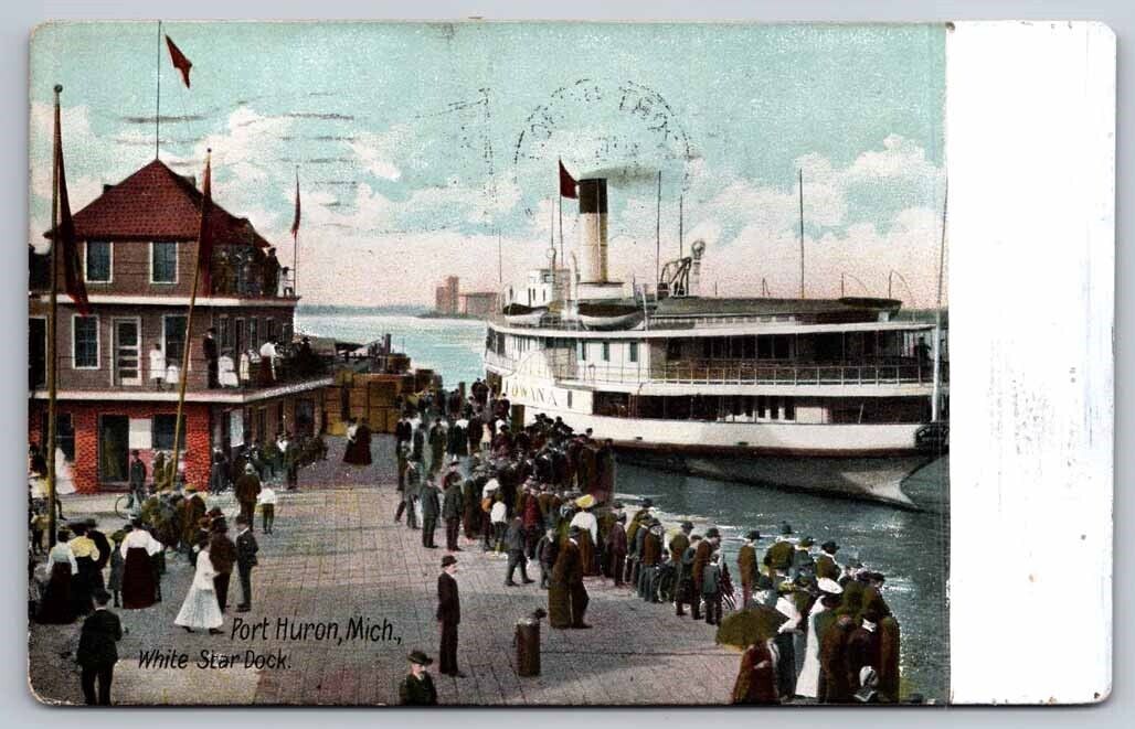 White Star Dock Scene Port Huron MI Michigan 1911 Postcard Ships