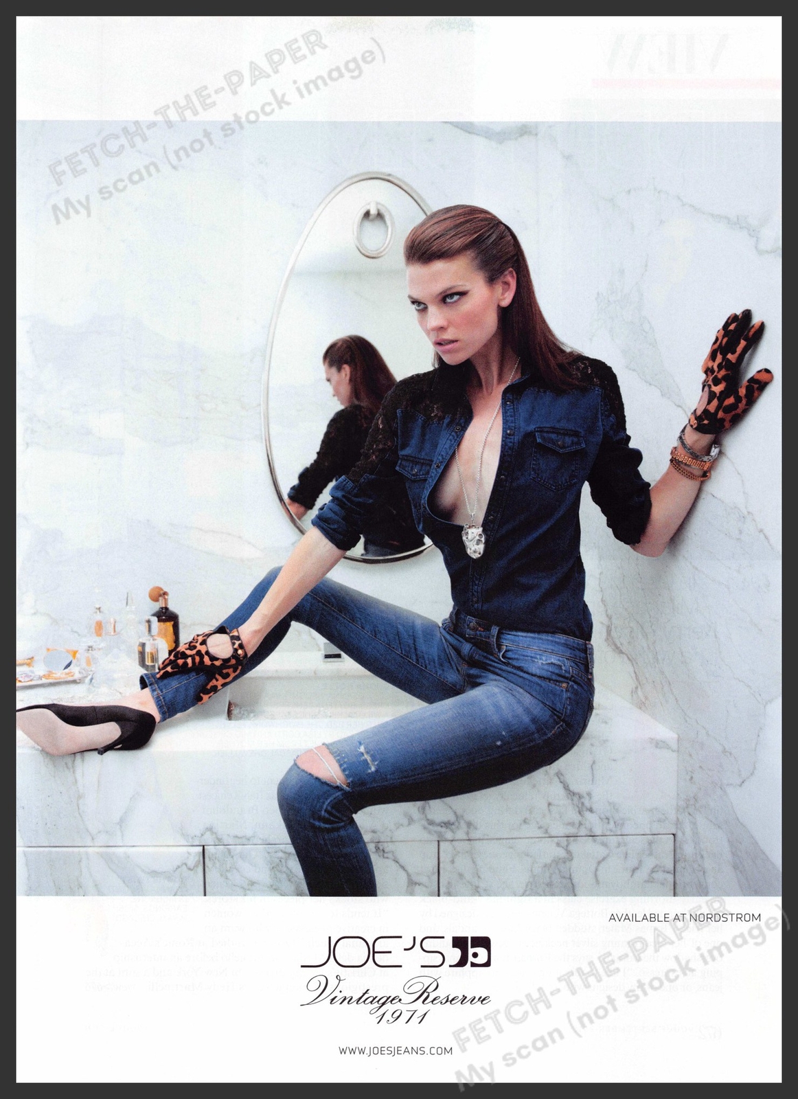 Joe\'s Jeans 2010s Print Advertisement 2012 Legs Skinny Model Sitting Marble Sink