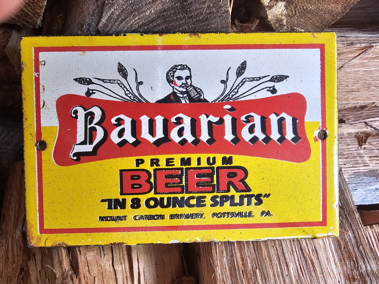 1955 VINTAGE BAVARIAN PREMIUM BEER IN 8 OUNCE SPLITS PORCELAIN ENAMEL SIGN 1955 VINTAGE BAVARIAN PREMIUM BEER IN 8 OUNCE SPLITS PORCELAIN ENAMEL SIGN