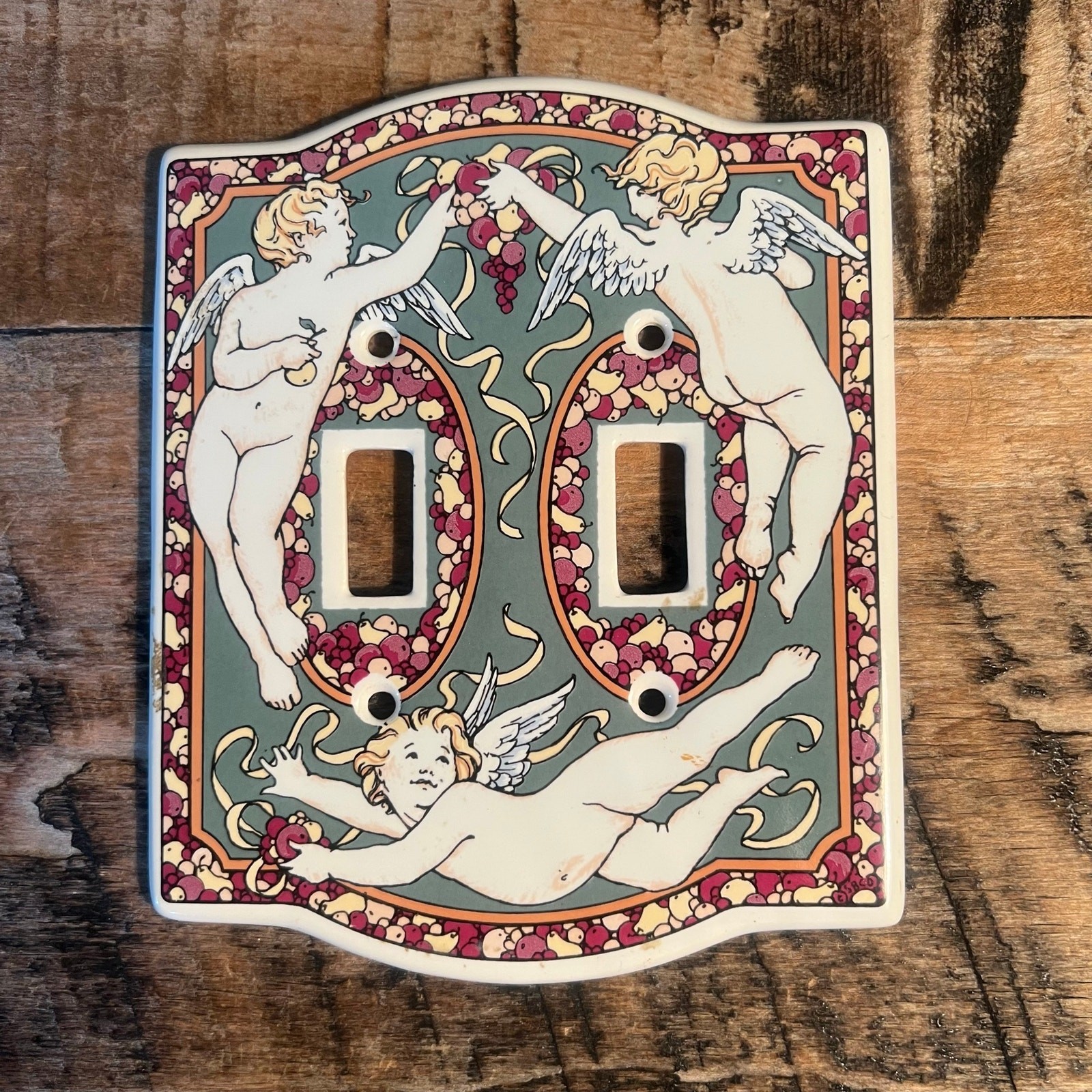 Vintage 1994 Art Nouveau Cherub Angel Double Toggle Light Switch Plate Floral Vintage 1994 Art Nouveau Cherub Angel Double Toggle Light Switch Plate Floral