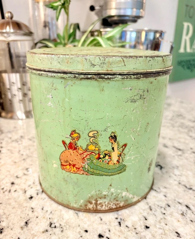 Vintage Green Metal Tin Canister Tea Party Ladies Cottagecore Shabby Chic
