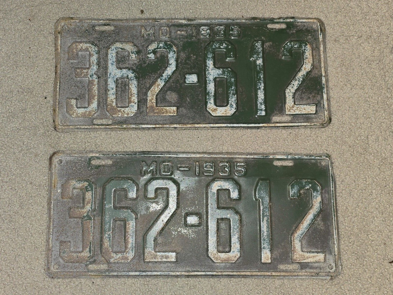 1935 Missouri License Plates-#362-612-2 Pair-Vintage-Decor-Man Cave-Shop-Garage