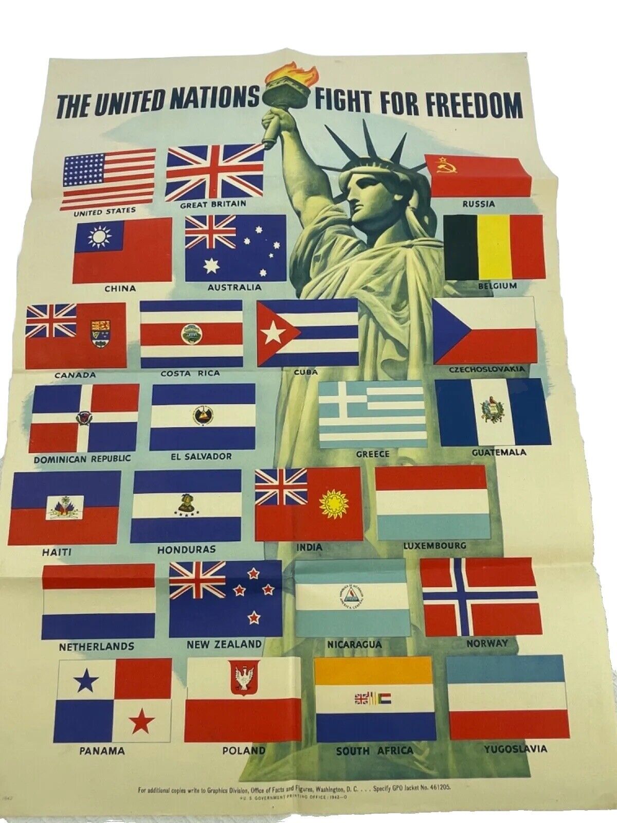 VTG WWII Poster 'The United Nations Fight for Freedom' 1942 Statue Of Liberty