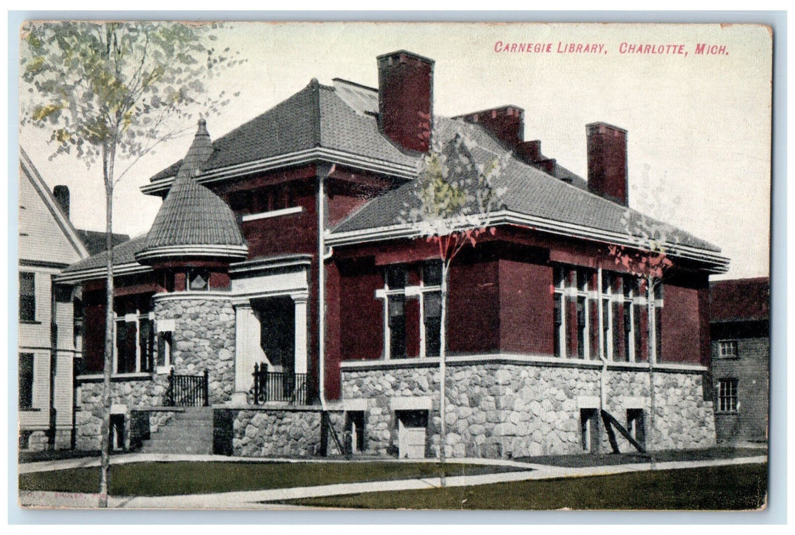 c1910 Carnegie Library Charlotte Michigan MI Antique Posted Postcard