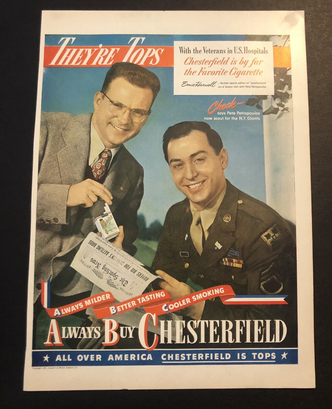 1947 Chesterfield Cigarettes Ernie Harwell Leatherneck Magazine Ad