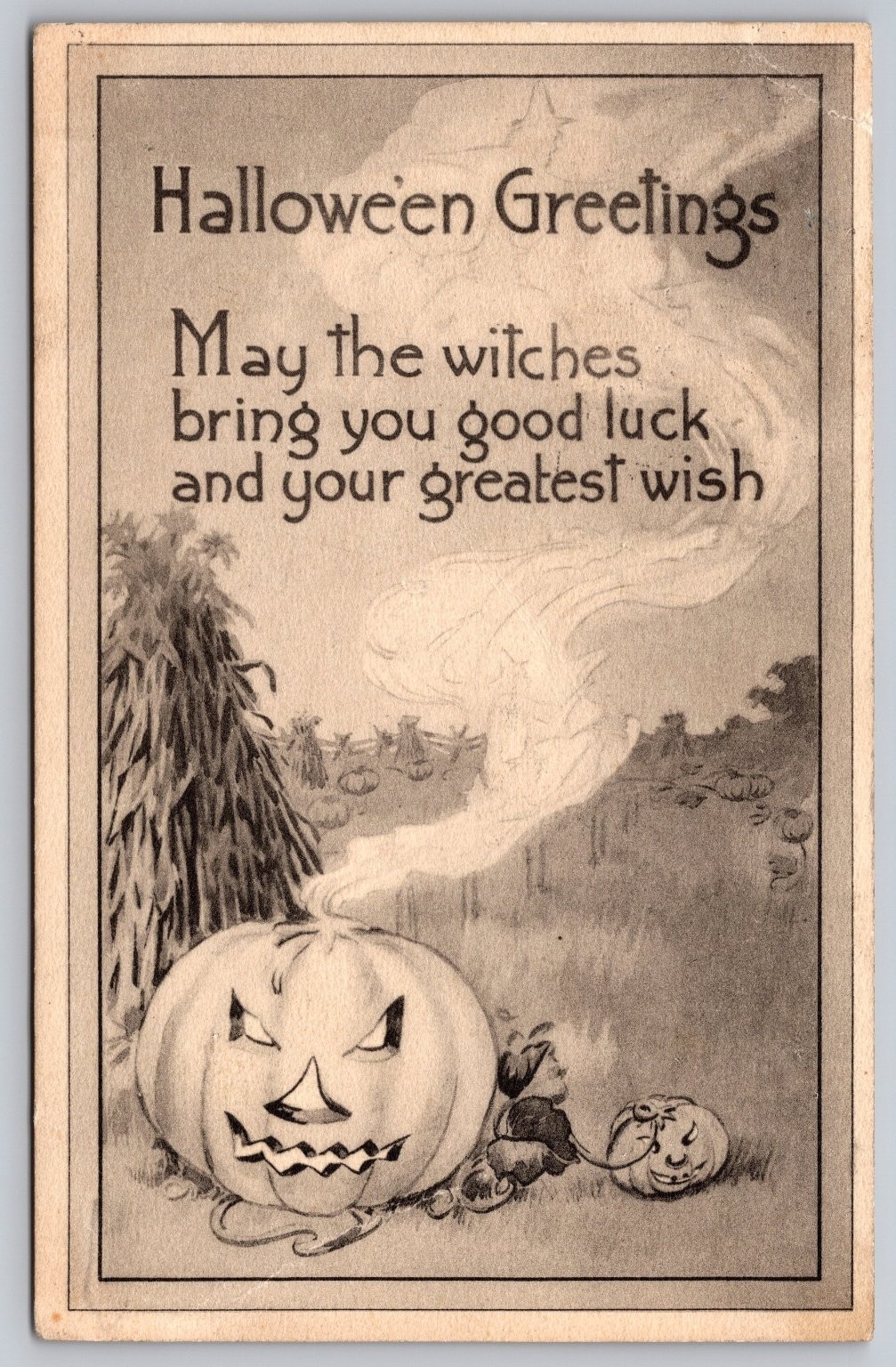 Vintage Gibson Halloween Sepia Postcard Greetings Jack O Lantern Witches Luck