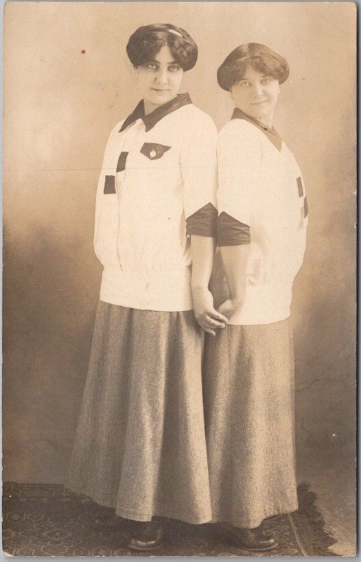 c1910s Studio Photo RPPC Postcard Two Young Women in Matching Dresses / Unused
