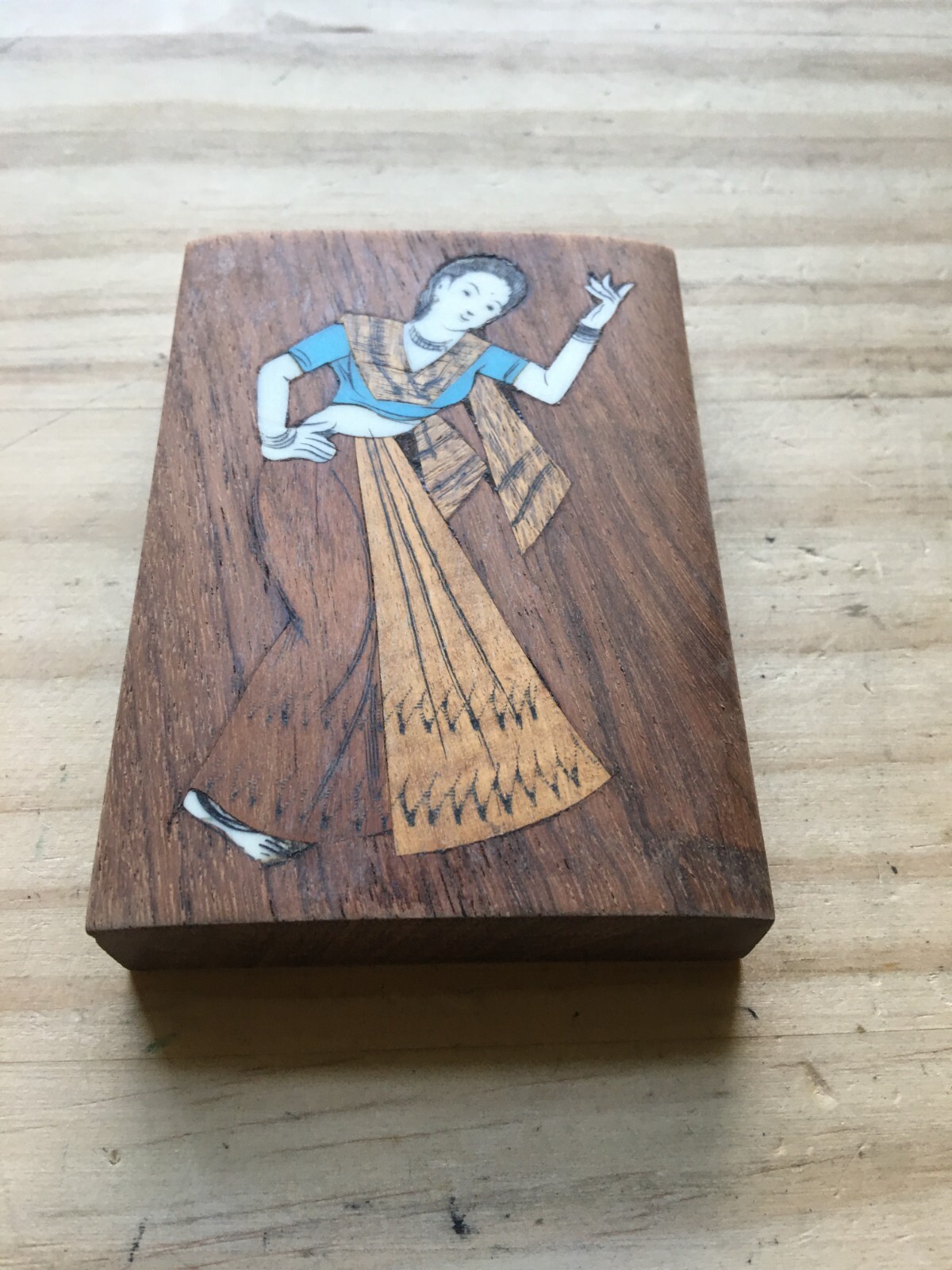 Vintage Handcraft Bone Inlaid Brown Marquetry Women Dancer Wooden Paperweight