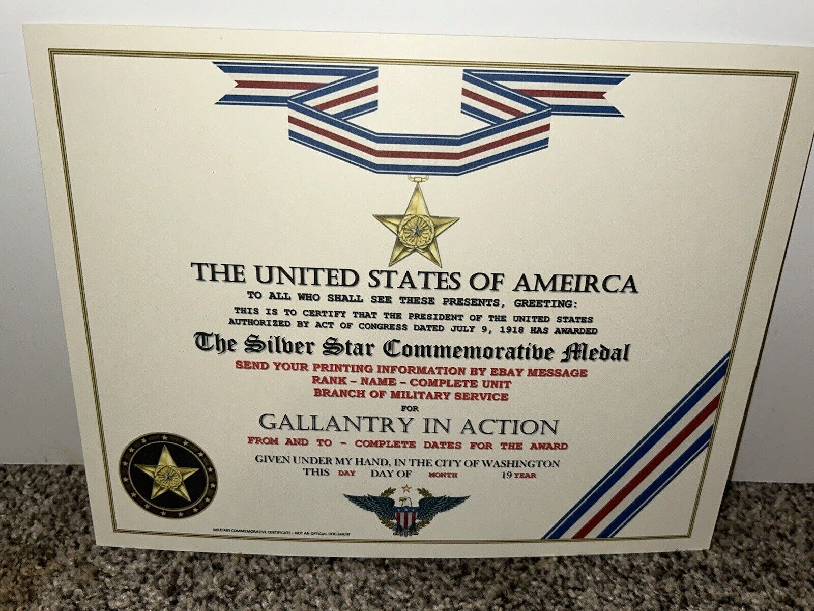 SILVER COMMEMORATIVE STAR MEDAL CERTIFICATE ~ TYPE-2 w/PRINTING