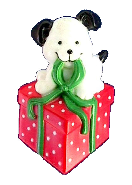 Russ PIN Christmas Vintage DOG Puppy GIFT Box PACKAGE 1980s Holiday Brooch