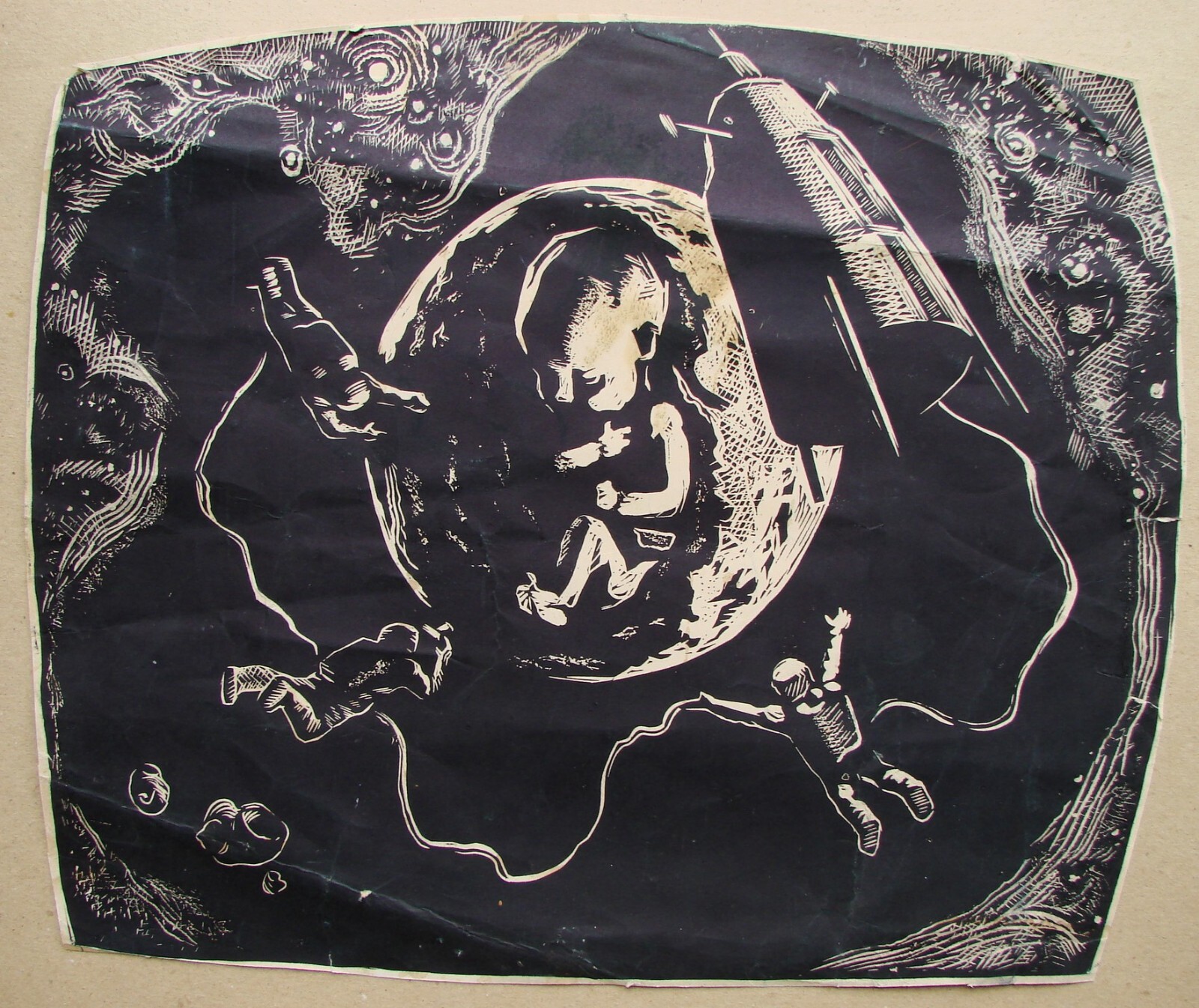 Ukrainian Soviet USSR Linocut realism space Baby infant astronaut rocket