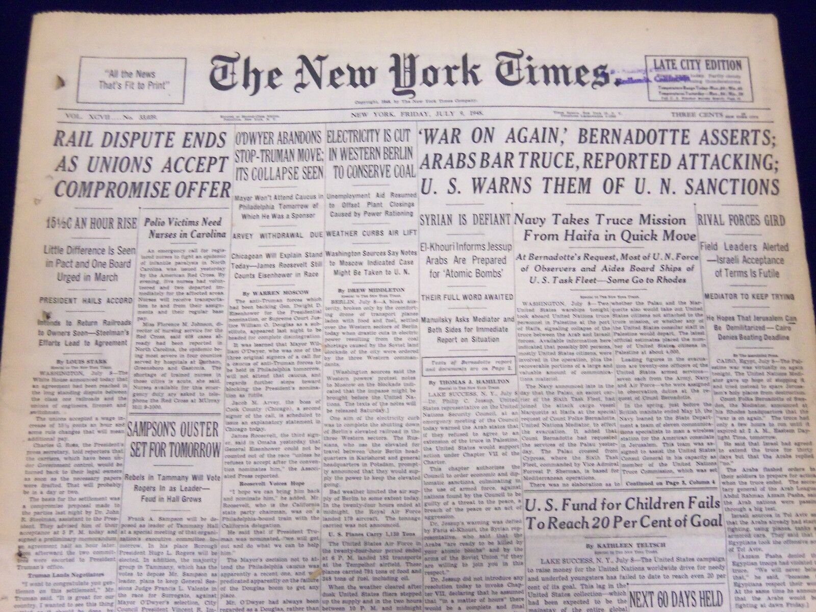 1948 JULY 9 NEW YORK TIMES NEWSPAPER - RAIL DISPUTES ENDS UNION ACCEPTS - NT 62