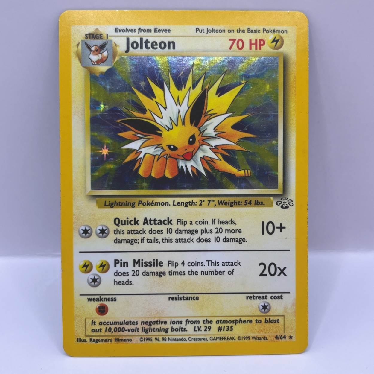 Jolteon 4/64 Jungle 1999 Holo Rare Unlimited Vintage Pokémon TCG Card LP Jolteon 4/64 Jungle 1999 Holo Rare Unlimited Vintage Pokémon TCG Card LP